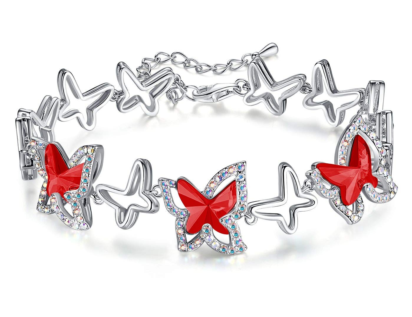 GEMMANCE Butterfly Link Charm Bracelet with Premium Birthstone Crystal - Silver-Tone with 7”+2” Chain - Adjustable Birthstone Jewelry - Birthday Jewelry Gift for Women and Teen Girls