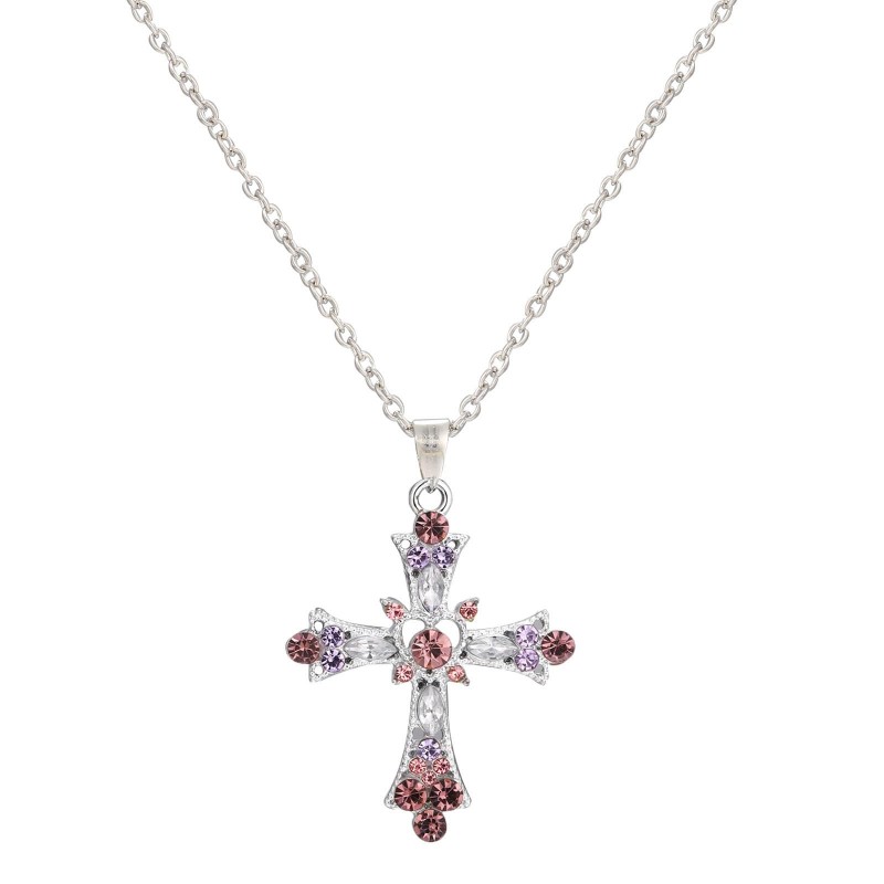 freva Female Platinum Pink Diamond Cross Necklace, Valentine's Day Gift, Birthday Gift, Engagement Gift