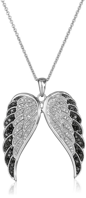 Amazon Essentials Sterling Silver Black and White Diamond Angel Wings Pendant Necklace (1/2 cttw), 18" (previously Amazon Collection)