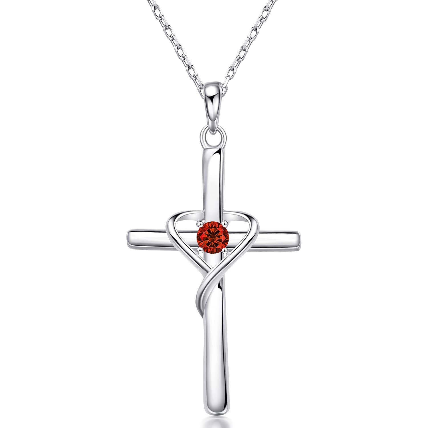 AmorAime 925 Sterling Silver Cross Necklace for Women Men 5A CZ Birthstone Necklaces for Teen Girls Gifts for Christmas, Birthday or Anniversary