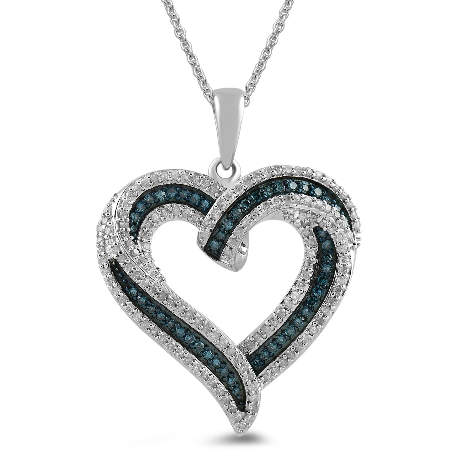 Amazon Collection Sterling Silver Blue and White Diamond Heart Pendant Necklace (1/2 cttw), 18"