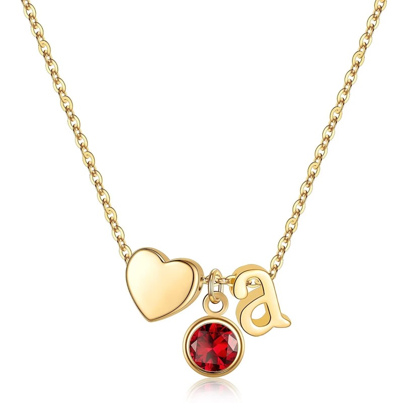 Initial Birthstone Necklace for Women Girls, 14K Gold Plated Heart Initial Necklace Birthstone Necklace Heart Initial Birthstone Pendant Necklace Family Birthstone Necklace Birthday Gifts for Women